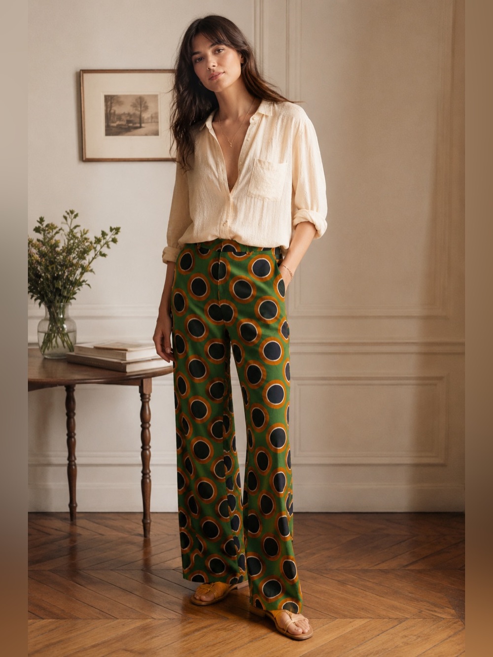 Silk Mid Rise Green Navy Orange Dot Pants